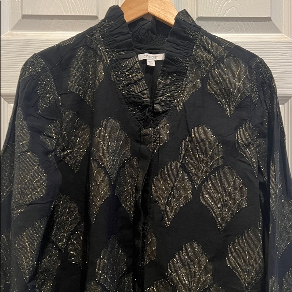 CHICOS Ruffled Black and Gold Button Front Top - Picture 3 of 8